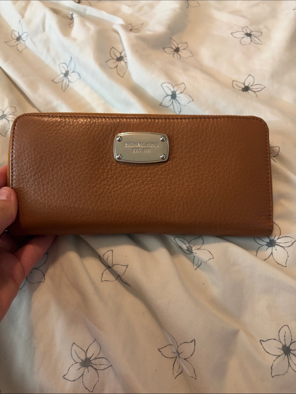 Michael Kors Brown Pebbled Leather Zip Around Wallet with Metal Logo Plaque